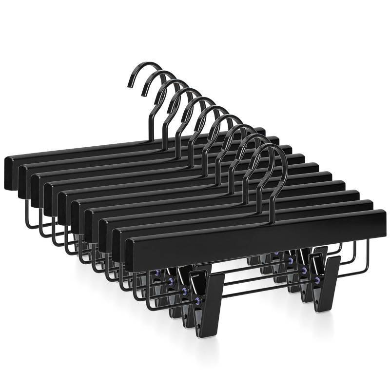 lot 50251 image: TOPIA HANGER Black Wooden Pants Hangers, Wood Skirt Hangers with Clips, Deluxe Jeans Hanger with 360° Swivel Anti-Rust Flat Hook, Smooth Finish Wood Hangers for Slacks Trousers 20 Pack, CT03B - Retail $46