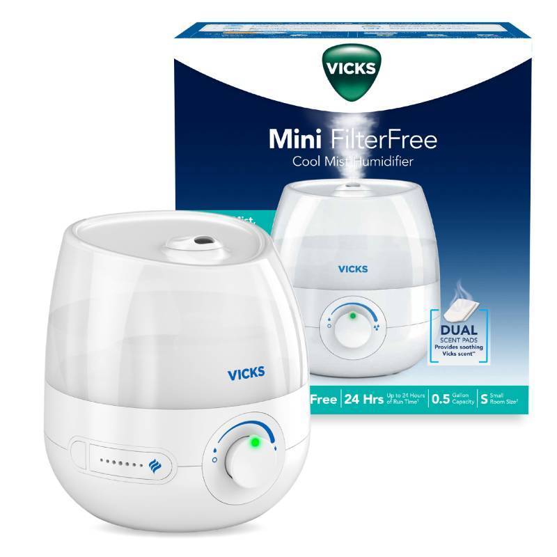 lot 50269 image: Vicks Mini Filter Free Cool Mist Humidifier, Small Room Variable Mist Control Works with Vicks VapoPads - Retail $40