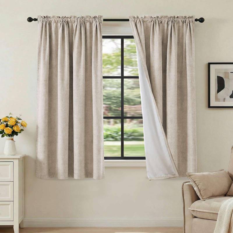 lot 50315 image: H.VERSAILTEX Linen Look 100% Blackout Curtains 54 Inches Long for Bedroom Full Light Blocking Rod Pocket Linen Textured Thick Window Curtain Drapes with White Backing, Natural, 2 Panels - Retail $29