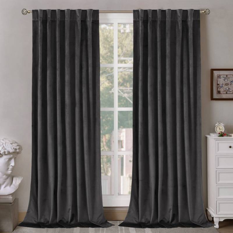 lot 50317 image: BGment Grey Velvet Curtains 102 Inches Long for Living Room, Thermal Insulated Room Darkening Curtains Drapes Window Treatment with Back Tab and Rod Pocket, Set of 2 Panels, 52 x 102 Inch - Retail $58
