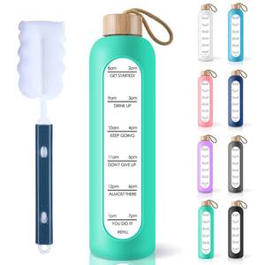 lot 22637 image: PROBTTL 32 Oz Borosilicate Glass Water Bottle with Time Marker Reminder Quotes, 1 Liter Leak Proof Reusable BPA Free Motivational Water Bottles with Silicone Sleeve and Bamboo Lid (Aqua) - Retail $20