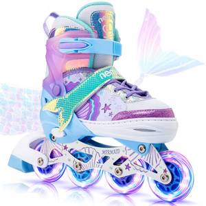 lot 22649 image: NEMONE Mermaid Inline Skates, 4 Sizes Adjustable Skates for Girls Kids with Light up Wheels, Indoor Beginner Outdoor for Kids Ages 4-6 5-8 6-12 8-12 - Retail $60