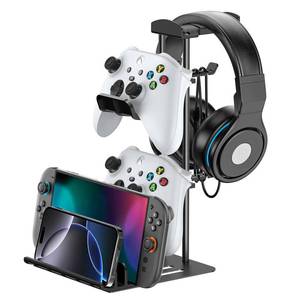 lot 22656 image: KDD Headphone Stand, Controller Holder & Headset Holder for Desk, Earphone Stand with Aluminum Supporting Bar, Universal Storage Organizer HeadphonesControllerSwitchMobile Phone - Retail $15