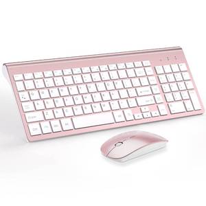 lot 33222 image: Wireless Keyboard and Mouse Ultra Slim Combo, TopMate 2.4G Silent Compact USB 2400DPI Mouse and Scissor Switch Keyboard Set with Cover, Batteries Included, for PCLaptopWindowsMac - Rose Gold White - Retail $35