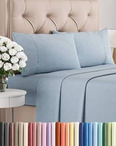 lot 33229 image: Queen Size 4 Piece Sheet Set - Comfy Breathable & Cooling Bed Sheets Set - Hotel Luxury Bedding for Women, Men, Kids, Teens, Boys & Girls - Deep Pockets, Soft & Wrinkle Free - Blue (Heathered Sheets) - Retail $33