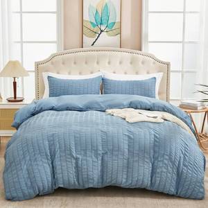 lot 33230 image: AveLom Grayish Blue Duvet Cover King(104 x 90 inches), 3 Pieces (1 Duvet Cover, 2 Pillow Cases), Seersucker Striped Soft Washed Microfiber Textured Duvet Cover Set with Zipper Closure, Corner Ties - Retail $38