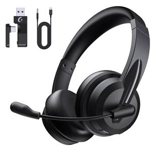lot 33253 image: Masajoy Wireless Headset with Mic for Work with AI Noise Cancelling Mic for Clear Calls, Bluetooth V5.3 Headphones with Microphone to USB AC Dongle & Mic Mute for Computer Laptop PC iPhone (Black) - Retail $38
