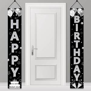 lot 41295 image: Black Silver Happy Birthday Party Supplies, Porch Sign & Backdrop Decor for Men Women, 16th to 90th Birthdays - Retail $13