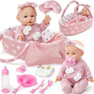 lot 41308 image: Golray 12 Soft Baby Doll Set with Accessories Bassinet Carrier, 13 Pcs First Toddlers Realistic Baby Doll Crib with Pillow Clothes Feeding Kit, Pretend Play Toy Birthday Gift for Girls Ages 3 4 5 6 broken handle - Retail $32