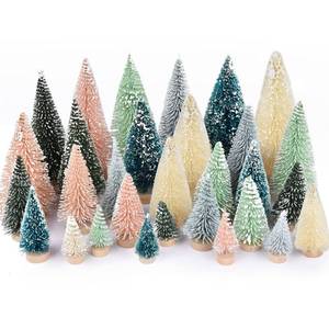 lot 41317 image: DearHouse Artificial Mini Christmas Trees, Mini Pine Tree Sisal Trees with Wood Base Bottle Brush Trees for Christmas Table Top Decor Winter Crafts Ornaments