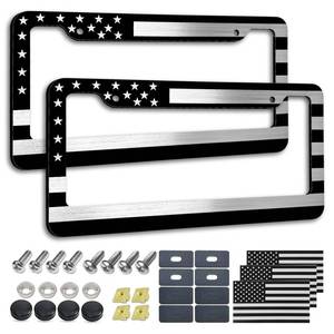 lot 41337 image: NJNYLLC American Flag License Plate Frame- Black Front Rear Patriotic USA Car Tag Frames, 2 Pack 2 Hole Heavy Duty Brushed Aluminum Plastic Composite Holder with Screws Caps - Retail $17