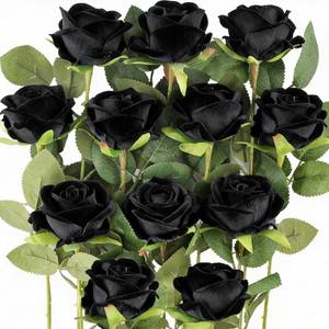 lot 44664 image: Jasion 12PCS Artificial Roses Realistic Velvet Silk Flowers Long Stem Faux Flowers Bouquet for Wedding Home Party Table Centerpieces Decorations (Black) - Retail $16