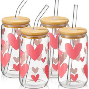 lot 44668 image: DWTS DANWEITESI Glass Cups with Lids and Straws with Design Pink Hearts 3 pcs,Clear Glass Cups 16 oz-Glass Tumbler,Cute Glass Iced Coffee Cups with Lids and Straws - Retail $22