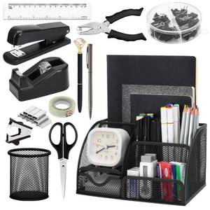 lot 44676 image: SYMDROMIA 13-in-1 Office Desk Organizer Set with Stapler and Tape Dispenser, Pen Holder, Scissors, Ruler, Hole Punch, 2 Pens & More Desktop Accessories for Back to School Supplies (Black) - Retail $23
