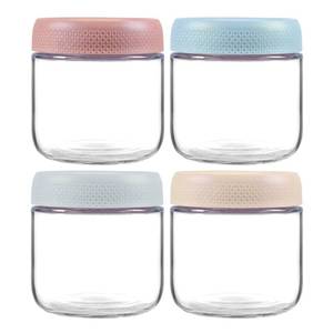 lot 44678 image: MOLADRI 4 Pack Glass Clear Storage Canister with Airtight Lid, 12oz Overnight Oats Containers, Small Cute Decorative Pantry Jar for Snacks, Yogurt, Cereal, Fruit, Salad, Spice, Sugar, Coffee, Tea - Retail $15