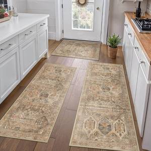 lot 44695 image: GENIMO Kitchen Mats for Floor Set of 3 Non-Slip Washable, Waterproof Lightweight Kitchen Rugs, Kitchen Floor Mat Runner Rug Carpet for Laundry, Sink, Hallway, Bathroom, Entryway, Wood Brown - Retail $38