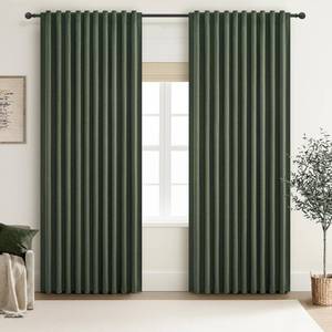 lot 44696 image: Dark Olive Green Curtains 70 Inch Length Extra Wide Pleated Black Out 84 Inch Long for Living Room, Linen Thick Sliding Glass Door Heavy Duty Insulated Large Window Drapes (70Wx84Lx 2Panels Loden) - Retail $75