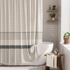 lot 44703 image: AmazerBath Boho Shower Curtain Set, Grey Shower Curtain with Tassels, Rustic Faux Linen Gray Striped Modern Farmhouse Shower Curtain with Hooks, Light Tan Toned, 72x72 Inches - Retail $20