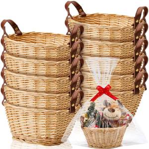 lot 44726 image: Sintuff 9Pcs Small Wicker Basket for Gifts, Empty to Fill Chocolate Nuts Cookies Fruits with Handle, Clear Cellophane Wrap Bags and Red Pull Bows for Easter Weddding, Baby Baptisms, Mothers Day - Retail $63