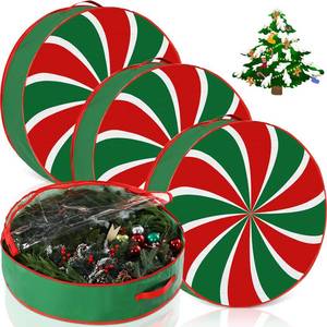 lot 50675 image: Yoojahow 4 Pack 30 Inch Wreath Storage Containers, Hard Shell Garland Storage Bags with Handle Dual Zipper, Large Red Green Round Storages Box for St. Patricks Day Wreath - Retail $25