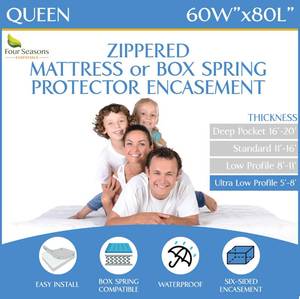 lot 50677 image: Queen Size Mattress or Box Spring Encasement (5 to 8 Depth) Low Profile Waterproof Zippered Protector Bed Cover, Noiseless, Machine Washable - Retail $35