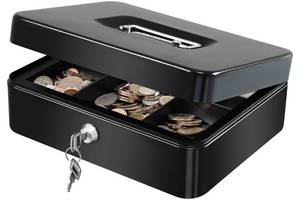 lot 50681 image: KYODOLED Large Cash Box with Removable Money Tray, Key Lock Metal Storage Box with 2 Keys & Portable Handle, Safe Cash Drawer, 9.84x 7.87x 3.54, Black Large - Retail $19