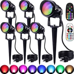 lot 50691 image: SUNVIE RGBW Spot Lights Outdoor Color Changing Landscape Lighting 12W LED Outdoor Spotlights with Remote Control 120V Waterproof Colored Spotlights for House Garden Yard Tree Decorative, 6 Pack - Retail $75