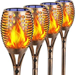 lot 50694 image: TomCare Solar Lights Upgraded, 43 Higher & Larger Waterproof Flickering Flames 96 LED Torches Outdoor Solar Landscape Decoration Lighting Auto OnOff Pathway Lights for Garden Patio,Bronze (4) - Retail $55