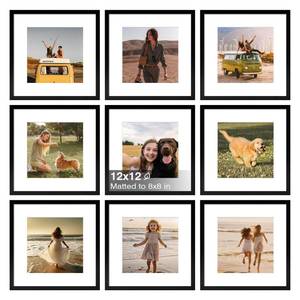 lot 62511 image: KINLINK 12x12 Frame Set of 9, Wooden 12 by 12 Square Picture Frames with Plexiglass for Picture 8x8 with Mat or 12x12 without Mat Art Collage for Wall Gallery and Tabletop Display, 12 x 12 Frame Black - Retail $26