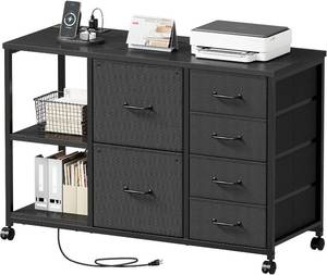 $120 6 Drawer File Cabinet with Charging Station Rolling Printer Stand with Open Storage Shelf Fabric Lateral Filing Cabinet for Home Office,Black