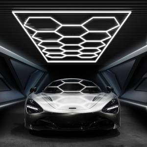 lot 1232 image: $140 Hexagon Garage Lights with Rectangle Frame, High Brightness 672W 86400LM 6500K, 14 Hex Grid for Garage, Shop, Basement, Car Detailing Shop etc. with Mounting Clip