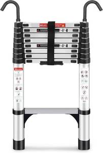 lot 1237 image: Telescoping Ladder, 8.5FT Aluminum Lightweight Portable Telescopic Ladder with Hook, Stabilizers & Wheels, Heavy Duty 330lbs Max Capacity, Extension Ladder for Roofs, RVs, Outdoor-Sliver