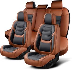 lot 1250 image: $143 Leather Car Seat Covers Full Set with Lumbar Support, Waterproof Car Seat Cover, Universal Seat Covers for Cars, Trucks, SUVs, Sedans, Airbag Compatible, Front Pair and Rear, Brown&Black