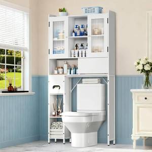 lot 1259 image: $110 Over The Toilet Storage Cabinet - Over Toilet Bathroom Organizer with Sliding Barn Doors, Adjustable Shelves & Toilet Paper Holder, pace-Saving Over-Toilet Rack for Bathroom, Restroom, Laundry, White