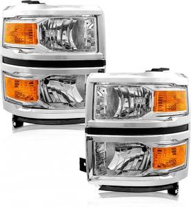 lot 1275 image: $158 for 2014 2015 Chevy Silverado 1500 Headlight Assembly Halogen Factory OE Style Chrome Housing with Amber Reflector Left and Right Pair