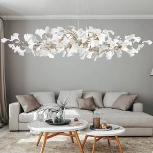 $889 59 Inch Modern Rectangle Chandelier Ceramic Ginkgo Leaf Chandeliers Large Brass Chandeliers White Chandelier for Dining Room Living Room,10-Light