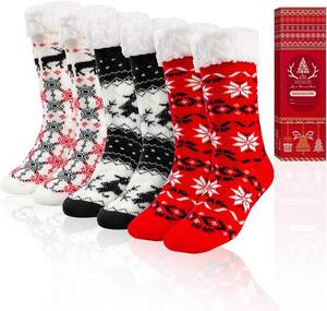 lot 1317 image: 3 Pairs Christmas Fuzzy Warm Slipper Socks for Women,Soft Sherpa Fleece Lining Socks with Grippers Non Slip,One Size