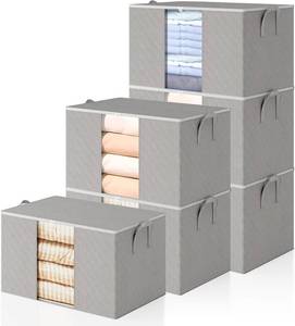 lot 2305 image: 6 Pack Clothes Storage Bags - 90L Blanket Organizers and Storage for Closet Large Storage Bins with Lids and Zipper Storage Containers for King Comforter, Pillow and Sweater (Grey, 6 Pack)