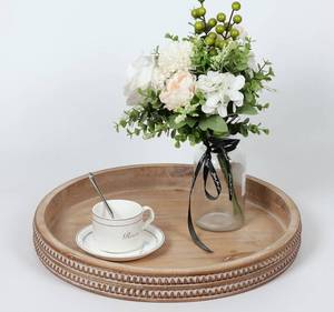 lot 2334 image: Carah & Cossh Round Wooden Serving Tray, Whitewashed Round Decorative Wood Tray, Round Farmhouse Rustic Decorative Tray, Perfect for Storage and Display (Brown)