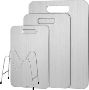 lot 2338 image: 3 Pcs 15.4x11, 13.4x9, 11.4x7.9 Stainless Steel Cutting Board with Holder Dishwasher Safe Chopping Boards Kitchen Double Sided Metal Cutting Board for Meat Fruit Vegetable