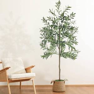 lot 2351 image: Goabroa Faux Olive Tree, 6FT Tall Artificial Olive Tree with Realistic Leaves and Fruits for Home Office Decor, Large Potted Faux Trees Indoor with Moss and Woven Basket