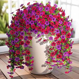 lot 3538 image: 4 PCS Plastic Hanging Artificial Flowers for Outdoors, Fake Hanging Daisy Flowers Basket Decorations for Outside Uv Resistant Porch Balcony Flowerpot Home Decoration (4, Red Purple)