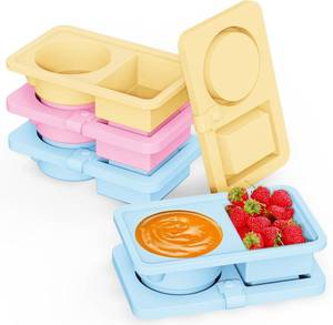 lot 3572 image: Dayacoco 4 Pack Reusable Silicone Snack Containers with Lids, Double Compartment Snackle Containers, Salad Sauce Seasoning Container, Small Mini Kids Food Snack Boxs for Travel, Office, Picnic