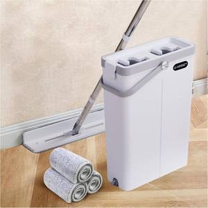lot 3619 image: U-VERSE L-Shaped Mop & Bucket Set with Wringer, 3 Reusable Microfiber Pads, Long Handle Flat Mop for Corners, Walls & Floors, Compact 5 Space-Saving Bucket for Wet & Dry Cleaning