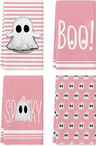 lot 3623 image: Artoid Mode Pink Stripes Ghost Boo Spooky Halloween Kitchen Towels Dish Towels, 18x26 Inch Bow Knot Decoration Hand Towels Set of 4