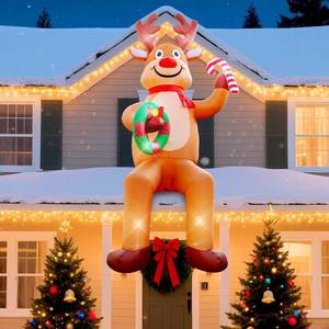 lot 3631 image: 12FT Christmas inflatables, Christmas Inflatable Outdoor Decoration Sitting Reindeer with Built-in Led Lights, Christma Blow Ups Outdoor Roof Yard Lawn Xmas Decor