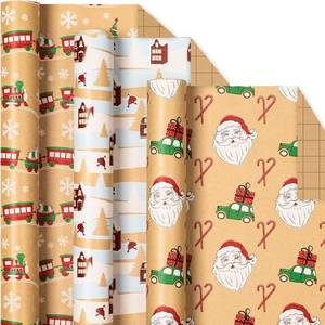 lot 4017 image: Yarcony Kraft Christmas Wrapping Paper - 17In x 120In Per Roll (3 Rolls) - Recyclable Vintage Santa, Red Truck & Winter Scene Pattern Thick Christmas Gift Wrap Neutral for Winter Holiday Packaging