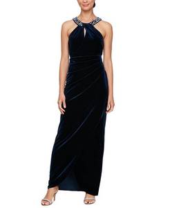 lot 4034 image: $139 SL Fashions Womens Embellished-Neck Pleat-Waist Velvet Gown - Imperial Size 16