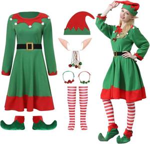 lot 4039 image: 13Pcs Women Christmas Elf Costume Set,Santas Helper Costume,Green Christmas Elf Dress,Xmas Elf Party Cosplay XL