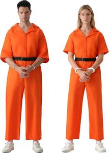 lot 4051 image: Prisoner Costume - Orange Jumpsuit for Men Women Halloween Jail Inmate Criminal Cosplay with Toy Handcuffs and Belt Medium